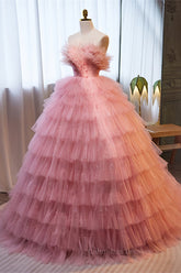 Party Dress Long, Pink Ruffled Strapless A-line Multi-Layers Long Prom Dress